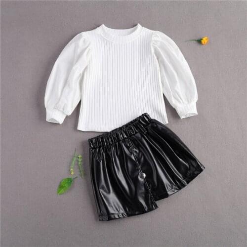 Spring Autumn Kids Baby Girls Clothes Sets Puff Sleeve Knitted Pullover Tops Leather Skirt 2PCS Clothing 1-6Y