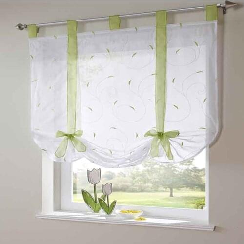 Embroidered Floral Pastoral Roman Short Curtains for living room Ribbon Sheer Tulle for Bedroom Kitchen cortinas para la sala