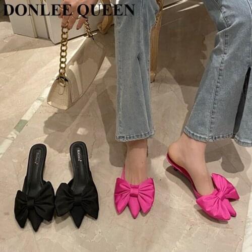 New Women Slippers Silk Bowtie Female Mules Fashion Low Heels Pointed Toe Slides Elegant Ladies Slipper Flip Flops Summer Sandal