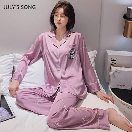 JULYS SONG Pajama Set 2Pcs Faux Silk Panda Pattern Letters Women Spring Autumn Sleepwear Cute Casual Cartoon Pyjamas Suit