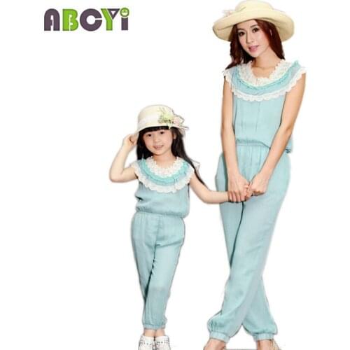 Girl Rompers Womens Jumpsuit 2015 Fashion Summer Green Chiffon Lace Ruffled Collar Zipper Long Pants Overalls Family Clothing