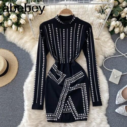 Women Design Beading Dress Korean Fashion Long Sleeve Stand Collar Slim Dresses Autumn Bodycon Streetwear Short Dress