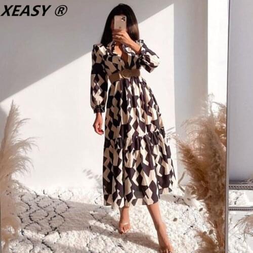 XEASY 2021 Women Fashion Geometric Print Ruffled Midi Dress Vintage Lapel Button-up Female Streetwear Chic Dresses Vestidos