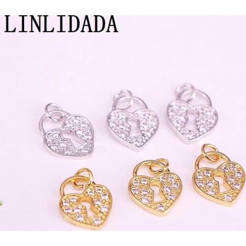 10Pcs Fashion pave clear cz heart lock shape pendant Charms bracelet/necklace accessories