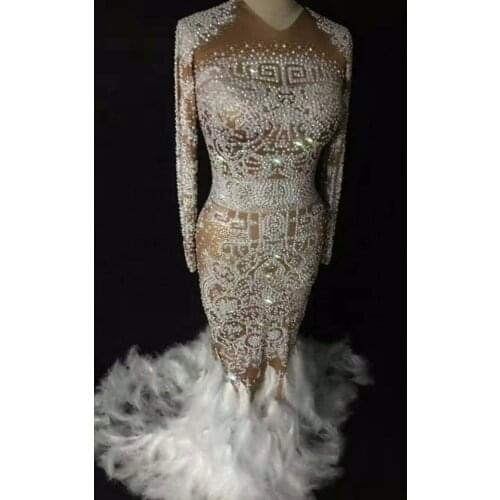 Sparkly Rhinestones Feather Nude Dress Sexy Nightclub Full Stones Long Big Tail Dress Costume wedding Birthday Celebrate Dresses