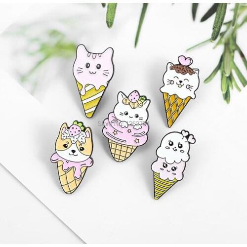 20/Lot Ice Cream Cat Dog Kitten Badge Alloy Metal Brooch Figures Pin For Lapel Action Toy