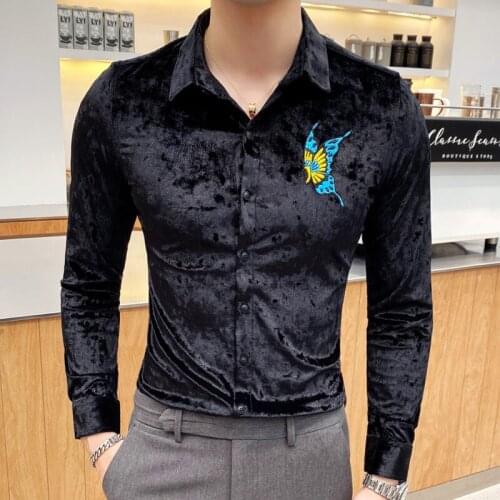 Camisa Autumn Winter Social Masculina Homme Solid Color Long Sleeve Formal Shirts For Men Velvet Keep Warm Embroidery Shirt Men
