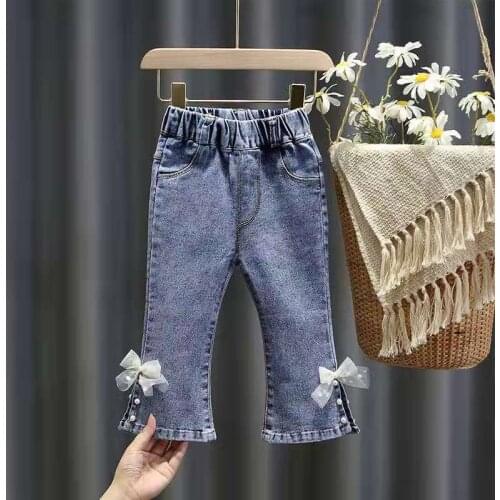 Girls Spring And Autumn Jeans New Childrens Net Red Foreign Style Trousers Baby Bow Fashionable Stretch Pants