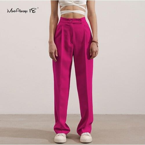 Mnealways18 Solid Ladies Office Pink Trousers High Waist Pleated Wide Legs Trousers Women Floor-Length Fall Winter Vintage Pants