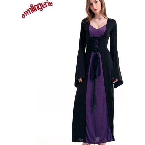 Classic sexy female spandex medieval costume,full length hooded renaissance fancy dress witch cosplay for festivals