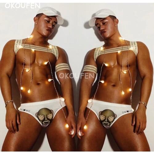 Nightclub Bar Men DS Sexy Gold Cutout Stretch Chest Strap Stage Show dance team Strap Vest party Theme costume