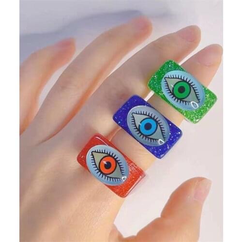 2021 New Demon Eye Colorful Resin Acrylic Square Rings For Women Friends Couple Y2K Jewelry Female Trendy Geometric Ring Gifts