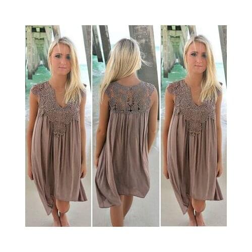 Summer Fashion Womens New Sleeveless V-neck Lace Splicing Chiffon Loose Lady Mini Dress