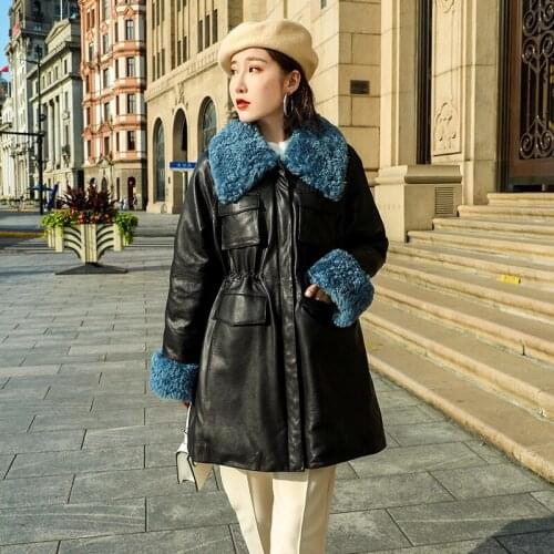 Autumn Winter Genuine Leather Jacket Women Sheepskin Coat Wool Collar Korean Loose Red Womens Leather Down Jackets KJ3384