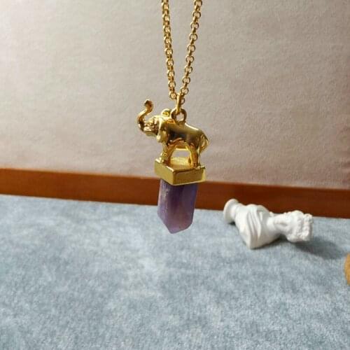 Necklace European and American fashion simple new natural amethyst elephant long sweater chain pendant