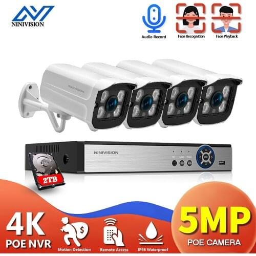 NINIVISION Security Camera System 4CH 5MP HD POE NVR Kit CCTV Audio AI Face Detect Outdoor Video Surveillance IP Camera Set