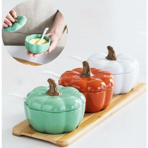 Pumpkin Ceramics Kitchen Spice Bottles Jars With Spoon Salt Sugar Jar Storage Container Kitchen Organizer Tools Supplies