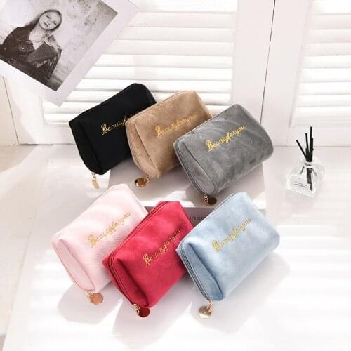 1 Pc Women Zipper Velvet Make Up Bag Travel Large Cosmetic Bag for Makeup Solid Color Female Make Up Pouch Necessaries