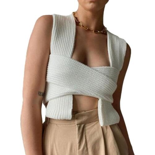 Womens Sexy Lace-up Knitwear Casual Irregular Solid Color Blouse DIY Sleeveless Tops for Four Seasons