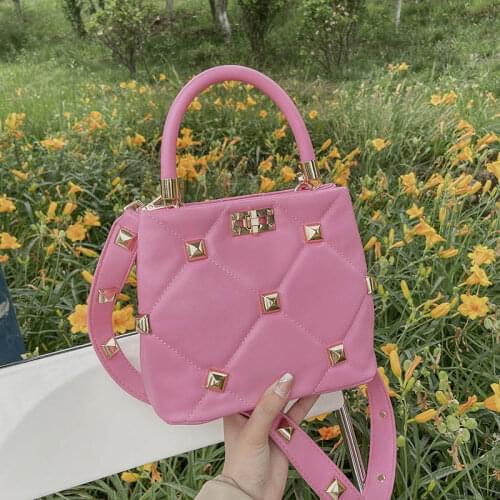 Women New Bucket Bag Luxury PU Leather Top Handle Tote Handbags Metal Rivet Diamond Wide Shoulder Crossbody Bag Fashion Purse