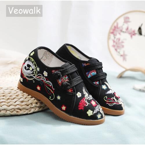 Veowalk Women Cotton Fabric Inside Increased Platforms Shoes Chinese Embroidery Ladies Casual Comfortable Sneakers Non-Slip