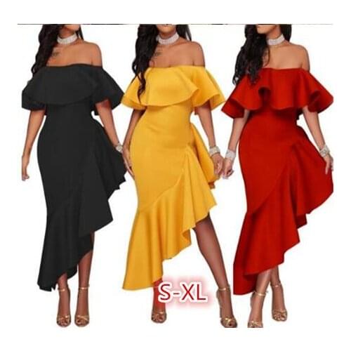 Women Autumn Winter Off the Shoulder Mermaid Dress Long Sleeve Slash Neck Ruffle Sexy Elegant Evening Prom Party Dresses