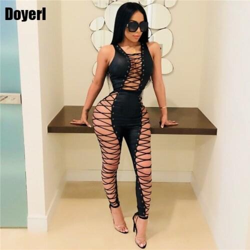 Side Lace Up Sexy Party Jumpsuit Women Summer Sleeveless Hollow Out Nightclub Jumpsuits Overall Skinny Jumpsuit Macacao Feminino
