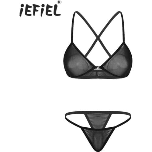 Women Erotic See Through Sheer Mesh Bikini Lingerie Set Back Cross Bra Top Micro G-String Thong Briefs Pole Dance Underwear