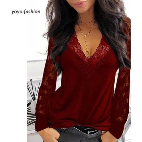 Sexy Lace Stitching Long Sleeve Bottoming Female Top Casual Spring Women Fashion Clothing Commuting Pullover V-Neck T-Shirts