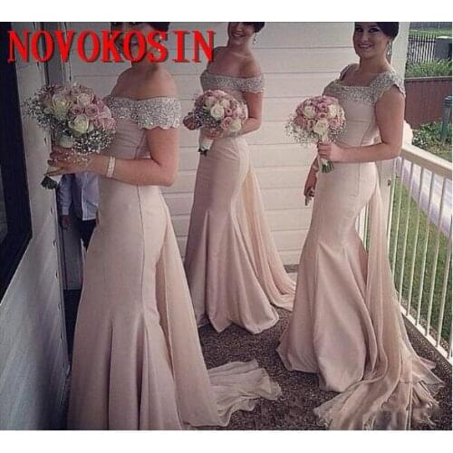 Champagne Mermaid Bridesmaid Dresses Crystal Beading Off Shoulder Simple Wedding Guest Dress Sweep Train Long Special Occasion