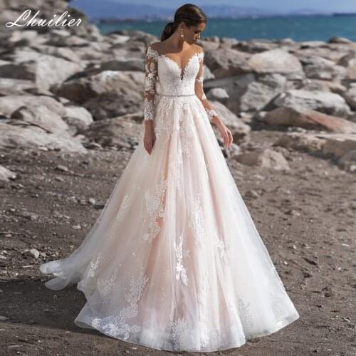 Lhuilier A-line Scoop Neck Pink Wedding Dresses 2020 Full Sleeves Floor Length Lace Appliques Bridal Dress with Belt