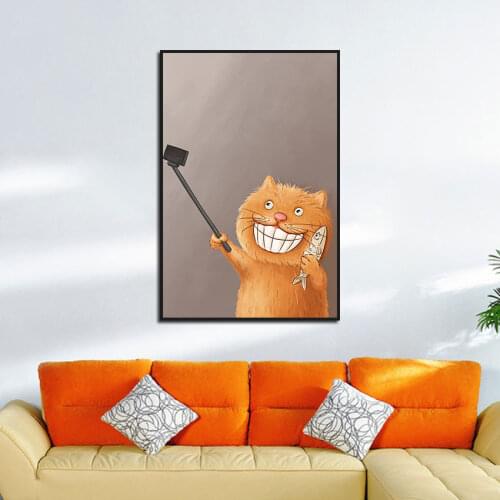 Animal Painting Cat and Fish Selfie Hd Print Painting Poster Home Living Room and Bedroom Wall Art Decoration Can Be Customized