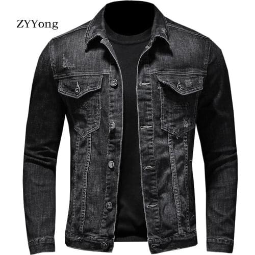 ZYYong Denim Jacket Mens Motorcycle Retro Frayed Denim Jacket Jacket Street Casual Pilot Jacket Fashion Mens Jacket
