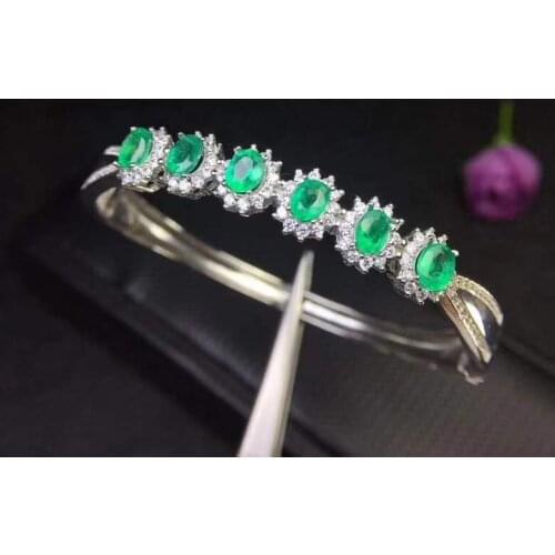 100% Natural And Real Emerald bangle Bracelet Solid S925 Sterling Silver For Women Color Fine Jewelry