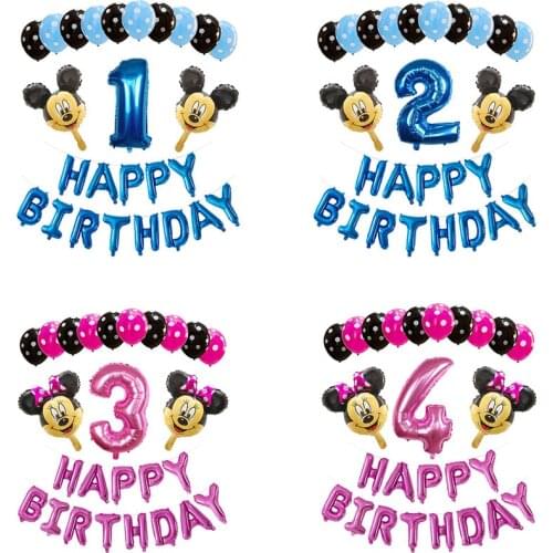 26pcs Minnie Mickey 30" Pink Blue Happy Birthday Letter Foil Balloon Boy Girl 1 2 3 4 5 6 7 8 9 Years Old Party Decor Supplies