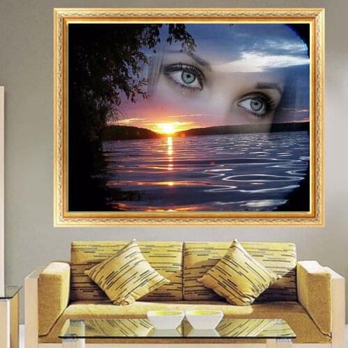 Large Size Diy Diamond Painting Sunset Woman By The Sea Diamond Embroidery Shadow Art Decor