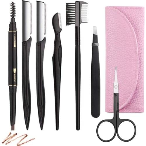 FAMILIFE Eyebrow Kit 7 in 1 Eyebrow Scissors,Razor Eyebrow Pencil, Eyebrow Brush with Black Leather Bag