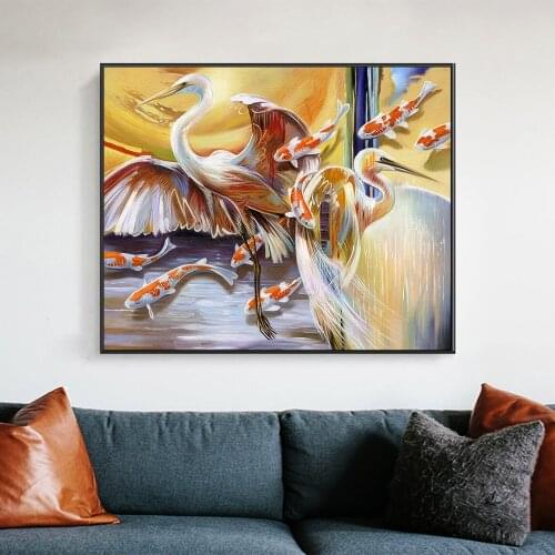 Bird Oil Paintings Wall Art Painting Stork and Fishes Canvas Picture Animal Print Picture for Living Room Home Decor No Frame