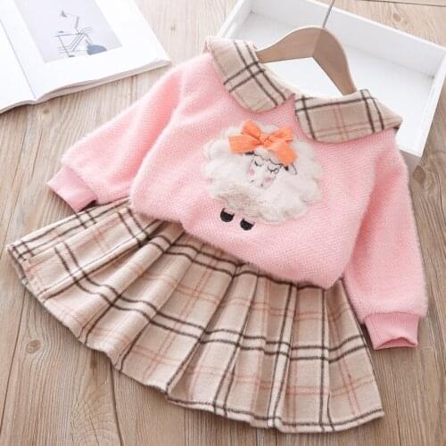 Baby girl set cute lamb and cashmere sweater plaid pleated skirt suit for baby girl in autumn and winter warm sweater skirt suit