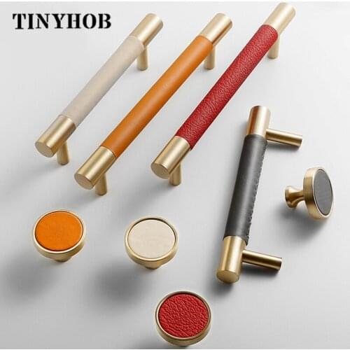 Leather+brass Orange Handles and knob Drawer Cabinet Knobs Kitchen Door Handle Cupboard Wardrobe Pull Handles Furniture Fittings