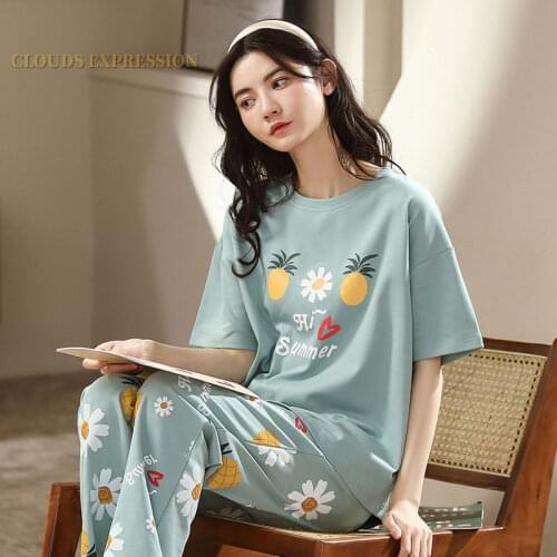 Summer Brand Short Sleeved Knited Cotton Womens Pajama Set Cute Striped Cartoon Long Pants Pajama Sets Sleepwear Pyjamas M-2XL
