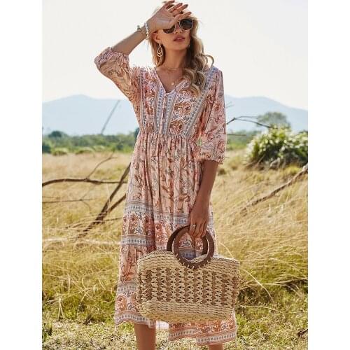 Bohemian Ruffles Long Sleeve Mini Dress Womens Summer Holiday Beach Party Ethnic Print Pleated Kaftan Tunic Sundress Vestidos
