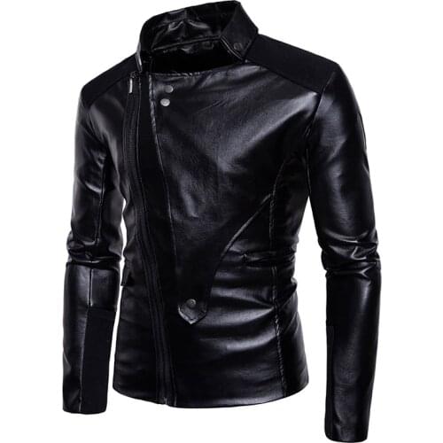 Mens Leather Jacket Long Sleeve Oblique Turn Down Collar Solid Color Cardigan Jacket Coat Casual Slim Type Zipper Coat Tops