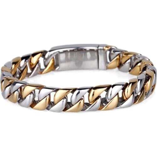 12mm Punk Gold Silver Plated Biker Bracelet Men stainless steel Cuban Curb Link Chain Mens Bracelets Bangles Wristband 18-22cm