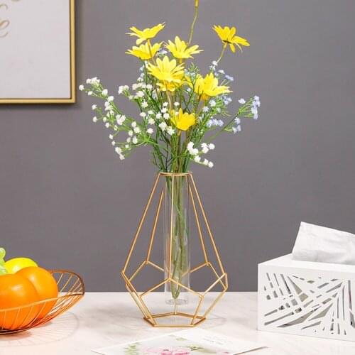 Simple Iron Frame Glass Vase Flower Pot Flower Stand Bottle Transparent Arrangement Office Home Decoration Crafts