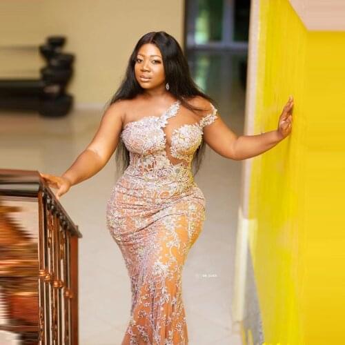 Luxury Lace Evening Gowns Aso Ebi Style One Shoulder Slit Front Beaded Mermaid Plus Size Women Custom Made Party Prom Dresse