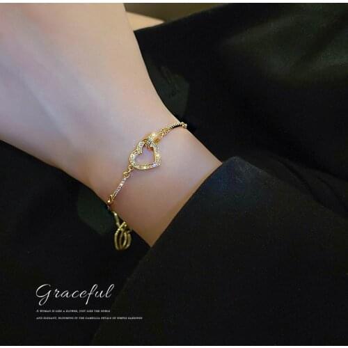 Luxury Fashion Dainty Cubic Zirconia Heart Charm Bracelet for Woman Exquisite Gold Chain Cuff Bracelet on Hand Girl Jewelry Gift