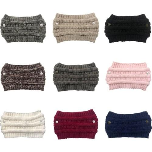 Women Winter Crochet Knit Headband with Removable Buttons Messy Bun Ponytail Wide Headwrap Solid Color Turban Ear Warmer