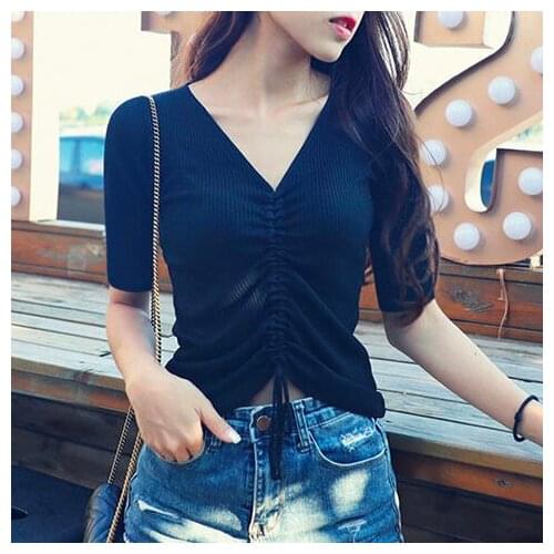 Woman Sweaters Chandails Summer Womens V-neck Drawstring Lace-up Elbow Sleeve Sweater Ice Silk T-shirt Short Sleeve Slim Top