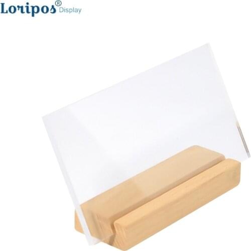 130*90mm Acrylic Label Frame Merchandise Price Tag Poster Stand Wooden Photo Wood Picture Holder Desk Sign Clip